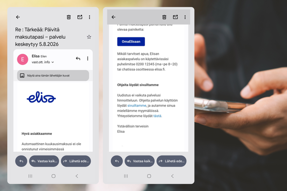 Ruudussa esitellään Elisan nimissä lähetettävä huijausviesti